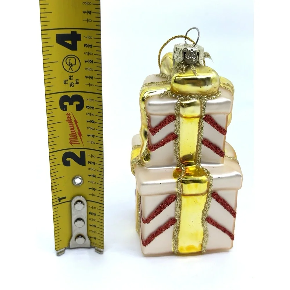 Tiered Presents Wrapped In Gold Bow Glass Christmas Ornament New Tag